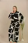 Büyük Beden Siyah Beyaz Desenli Düğmeli Uzun Kol Viskon Pijama Takımı-2