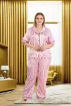 Büyük Beden Şık Tasarım Pembe Çizgili Düğmeli Kısa Kol Lüx Saten Pijama Takımı-2