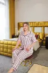 Büyük Beden Şık Tasarım Pembe Siyah Çizgili Düğmeli Kısa Kol Lüx Saten Pijama Takımı-1