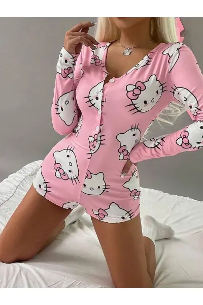 Pamuklu Pembe Hello Kitty Desenli Düğmeli Uzun Kol Tulum Pijama