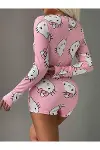 Pamuklu Pembe Hello Kitty Desenli Düğmeli Uzun Kol Tulum Pijama-3