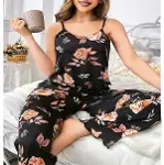 Büyük Beden Siyah Üstüne Çiçek Desenli İnce Askılı 2'li Pijama Takımı-2
