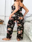 Büyük Beden Siyah Üstüne Çiçek Desenli İnce Askılı 2'li Pijama Takımı-3