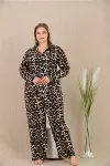 Büyük Beden Leopar Desenli Düğmeli Uzun Kol Viskon Pijama Takımı-2