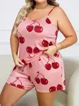 Büyük Beden Pembe Kiraz Desen İnce Askılı Pamuklu Şortlu Pijama Takımı-2