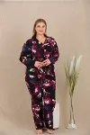 Büyük Beden Renkli Desenli Düğmeli Uzun Kol Viskon Pijama Takımı-2