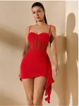 Özel Şık Tasarım Kırmızı Korse Görünümlü Mini Club Elbisesi-3