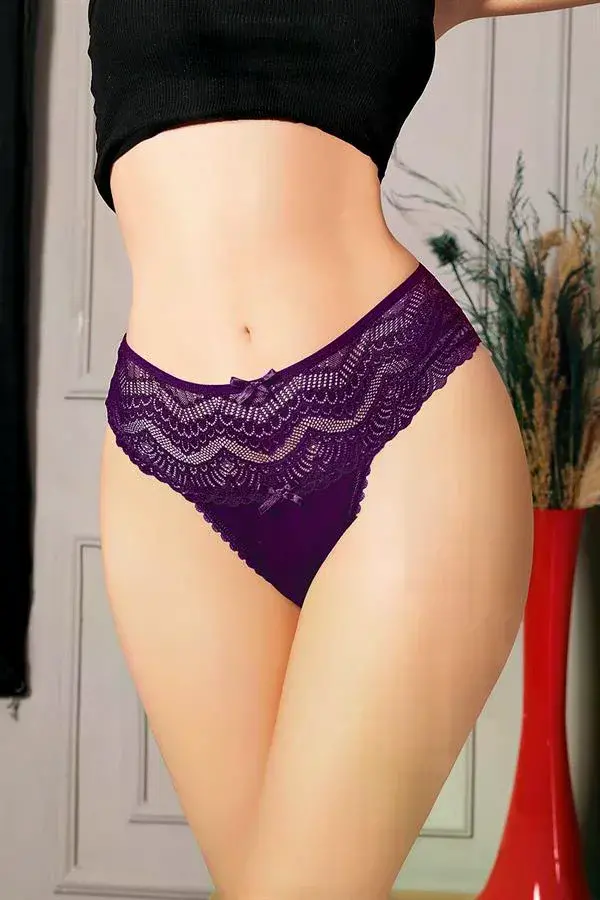 Büyük Beden Bel Kısmı Dantelli Mor Tanga String
