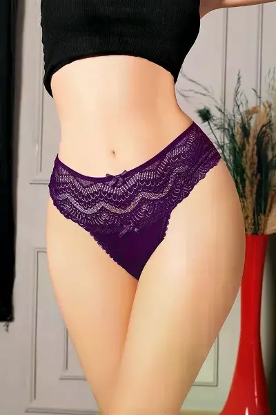 Büyük Beden Bel Kısmı Dantelli Mor Tanga String