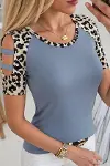 Kadın Kısa Kollu Yuvarlak Yaka Kollarda şerit Detaylı Leoparlı Viskon Bluz-1