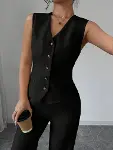 Kadın Askılı önden Düğmeli Bluz Ve Pantolon Keten Ikili Takım-7