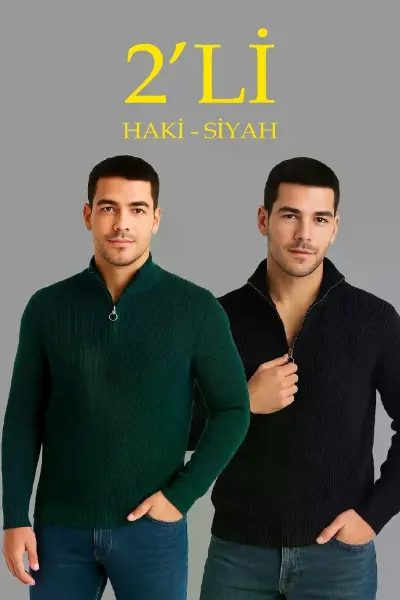 Erkek Fitilli Triko Kazak 2’li Set – Siyah - Haki Kalın Dokuma Pamuklu Regular Fit V Yaka Fermuarlı Uzun Kollu Rahat Kışlık Kazak Kombini