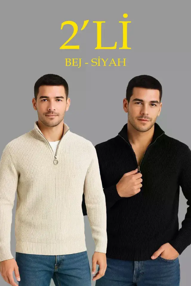 Erkek Fitilli Triko Kazak 2’li Set – Siyah - Bej Kalın Dokuma Pamuklu Regular Fit V Yaka Fermuarlı Uzun Kollu Rahat Kışlık Kazak Kombini-1 Erkek Fitilli Triko Kazak 2’li Set – Siyah - Bej Kalın Dokuma Pamuklu Regular Fit V Yaka Fermuarlı Uzun Kollu Rahat Kışlık Kazak Kombini-1