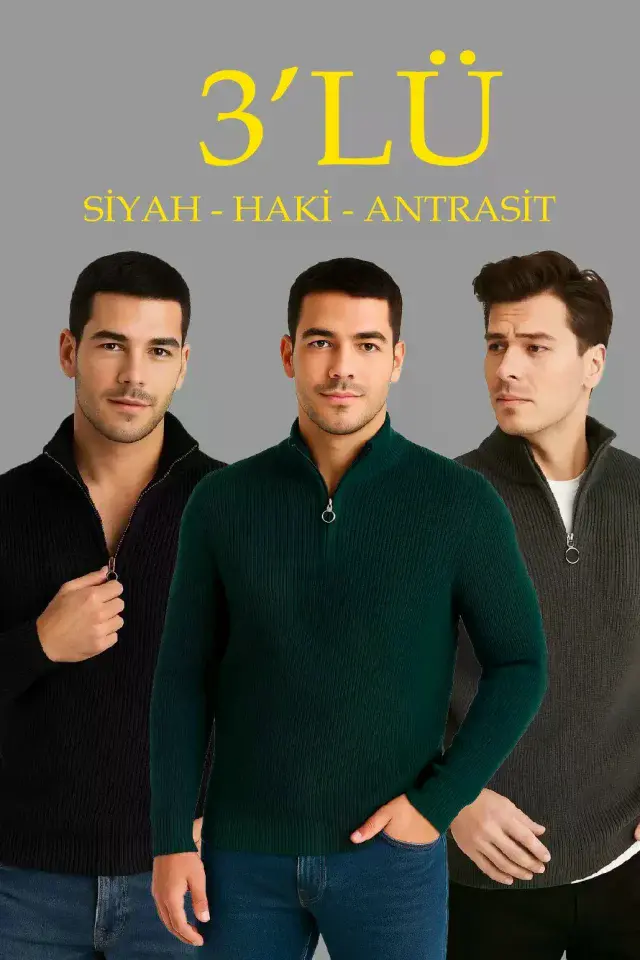 Erkek Fitilli Triko Kazak 3’lü Set – Haki, Siyah, Antrasit Kalın Dokuma Pamuklu Regular Fit V Yaka Fermuarlı Uzun Kollu Rahat Kışlık Kazak Kombini-1 Erkek Fitilli Triko Kazak 3’lü Set – Haki, Siyah, Antrasit Kalın Dokuma Pamuklu Regular Fit V Yaka Fermuarlı Uzun Kollu Rahat Kışlık Kazak Kombini-1