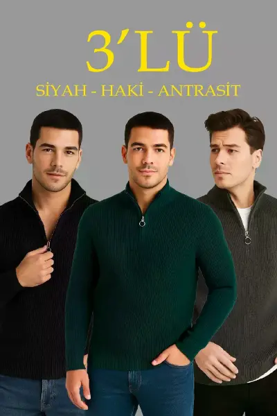 Erkek Fitilli Triko Kazak 3’lü Set – Haki, Siyah, Antrasit Kalın Dokuma Pamuklu Regular Fit V Yaka Fermuarlı Uzun Kollu Rahat Kışlık Kazak Kombini