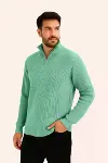 Erkek Fitilli Triko Kazak 2’li Set –  Mint Yeşili - Siyah, Kalın Dokuma Pamuklu Regular Fit V Yaka Fermuarlı Uzun Kollu Rahat Kışlık Kazak Kombini-2