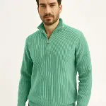 Erkek Fitilli Triko Kazak 2’li Set –  Mint Yeşili - Siyah, Kalın Dokuma Pamuklu Regular Fit V Yaka Fermuarlı Uzun Kollu Rahat Kışlık Kazak Kombini-4
