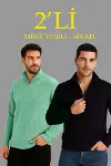 Erkek Fitilli Triko Kazak 2’li Set –  Mint Yeşili - Siyah, Kalın Dokuma Pamuklu Regular Fit V Yaka Fermuarlı Uzun Kollu Rahat Kışlık Kazak Kombini-1