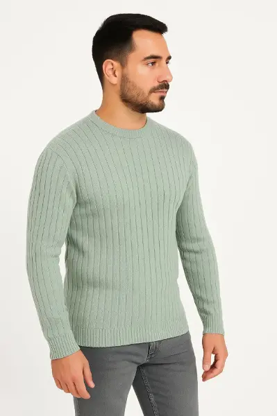 Erkek Bisiklet Yuvarlak Yaka Triko Kazak Pamuklu Kalın Fitilli Dokuma, Regular Fit Uzun Kollu Kışlık Model - Mint Yeşili
