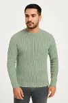 Erkek Bisiklet Yuvarlak Yaka Triko Kazak Pamuklu Kalın Fitilli Dokuma, Regular Fit Uzun Kollu Kışlık Model - Mint Yeşili-2