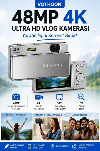 Dijital Kamera 4K HD 48MP 8X Zoom Flaşlı Kayar Retro Video Kamera 2.4’’ Ekran 64GB SD Kart Hediyeli Gümüş