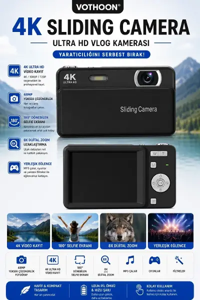 Dijital Kamera 4K HD 48MP 8X Zoom Flaşlı Kayar Retro Video Kamera 2.4’’ Ekran 64GB SD Kart Hediyeli Siyah