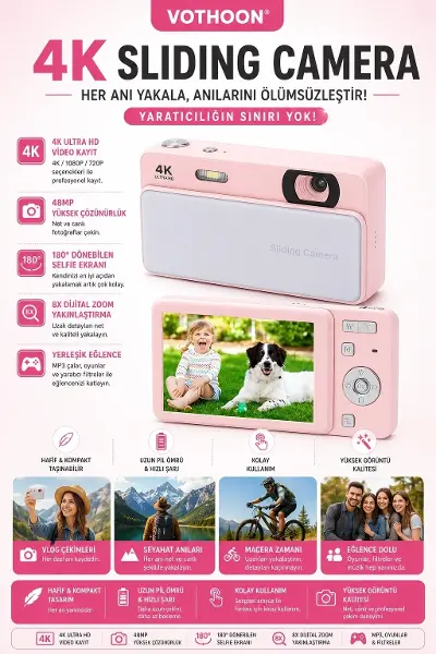 Dijital Kamera 4K HD 48MP 8X Zoom Flaşlı Kayar Retro Video Kamera 2.4’’ Ekran 64GB SD Kart Hediyeli Pembe