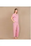 Viskon Şık Tasarım Dantel İşlemeli Pembe Kısa Kol Pijama Takımı-2