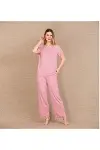 Viskon Şık Tasarım Dantel İşlemeli Pembe Kısa Kol Pijama Takımı-1