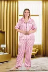 Büyük Beden Şık Tasarım Pembe Çizgili Düğmeli Kısa Kol Lüx Saten Pijama Takımı-2