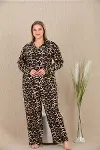 Büyük Beden Leopar Desenli Düğmeli Uzun Kol Viskon Pijama Takımı-2