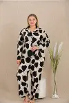 Büyük Beden Siyah Beyaz Kalp Desenli Düğmeli Uzun Kol Viskon Pijama Takımı-2