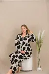 Büyük Beden Siyah Beyaz Kalp Desenli Düğmeli Uzun Kol Viskon Pijama Takımı-1
