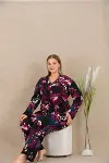 Büyük Beden Renkli Desenli Düğmeli Uzun Kol Viskon Pijama Takımı-1