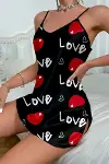 Love Desenli Siyah Saten Gecelik-3