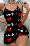 Love Desenli Siyah Saten Gecelik-4