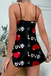 Love Desenli Siyah Saten Gecelik-5