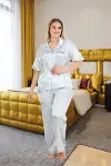 Büyük Beden Şık Tasarım Mavi Çizgili Düğmeli Kısa Kol Lüx Saten Pijama Takımı-2