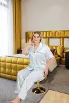 Büyük Beden Şık Tasarım Mavi Çizgili Düğmeli Kısa Kol Lüx Saten Pijama Takımı-1