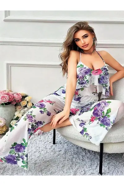Özel Tasarım Büyük Beden Çiçek Desenli Fırfırlı 2'li Pijama Takımı
