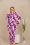 HERŞEYTREND Büyük Beden Renkli Yaprak Desenli Düğmeli Uzun Kol Viskon Pijama Takımı-2