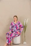 HERŞEYTREND Büyük Beden Renkli Yaprak Desenli Düğmeli Uzun Kol Viskon Pijama Takımı-1