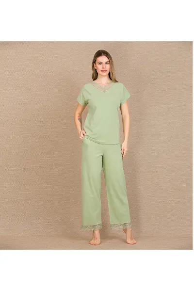 HERŞEYTREND Pamuklu Şık Tasarım Dantel İşlemeli Yeşil Kısa Kol Pijama Takımı