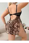 HERŞEYTREND Büyük Beden Leopar Desenli Dantel İşlemeli Zincir Detaylı Fantezi Gecelik-3