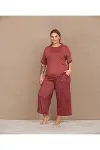 Büyük Beden Viskon Şık Tasarım Kelebek Desenli Bordo Kısa Kol Kapri Takım-2