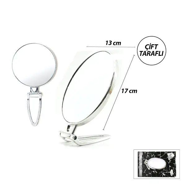 OVAL - GÜMÜŞ 6.5 INC=16.5X13CM MAKYAJ AYNASI ÇİFT TARAFLI KATLANIR AYAKLI (4745)