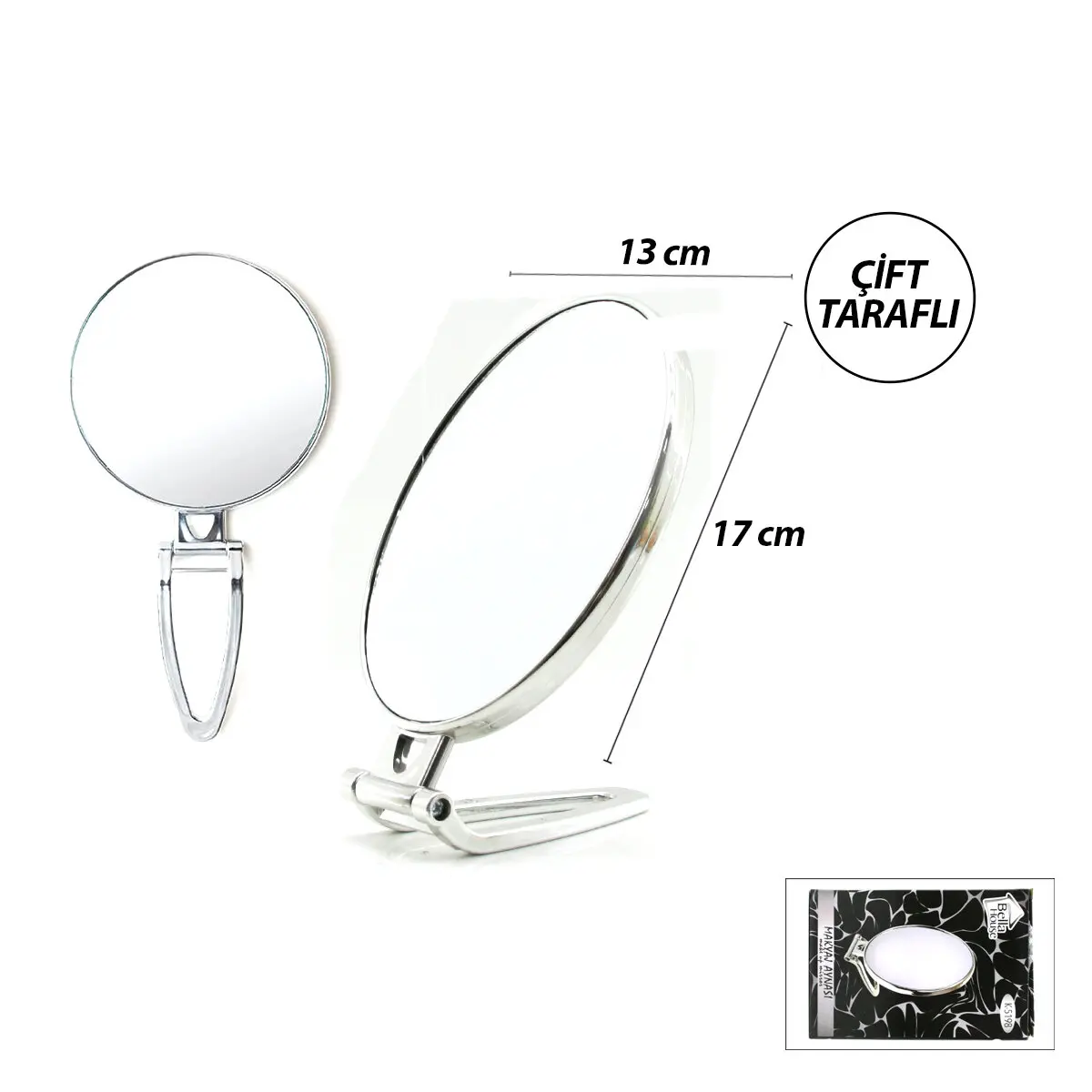 OVAL - GÜMÜŞ 6.5 INC=16.5X13CM MAKYAJ AYNASI ÇİFT TARAFLI KATLANIR AYAKLI (4745)