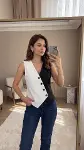 Kadın Sıfır Kol V Yakalı Düğmeli Blok Renkli Atlas Yelek-3