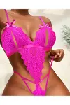 Fiyonklu Dantelli Fuşya Fantezi Body-3