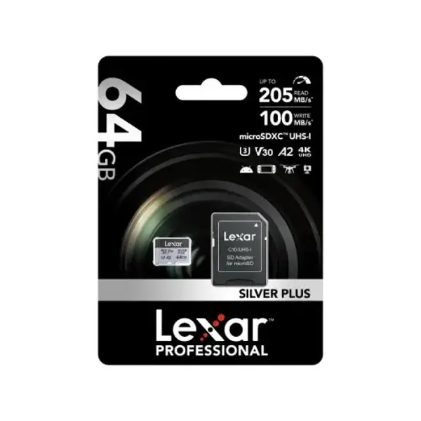64GB LMSSIPL064G-BNANG MICROSD HIGH-PERFORMANCE SILVER PLUS MICROSDXC UHS-I UP TO 205MB/S READ 100MB/S WRITE C10 A2 V30 U3